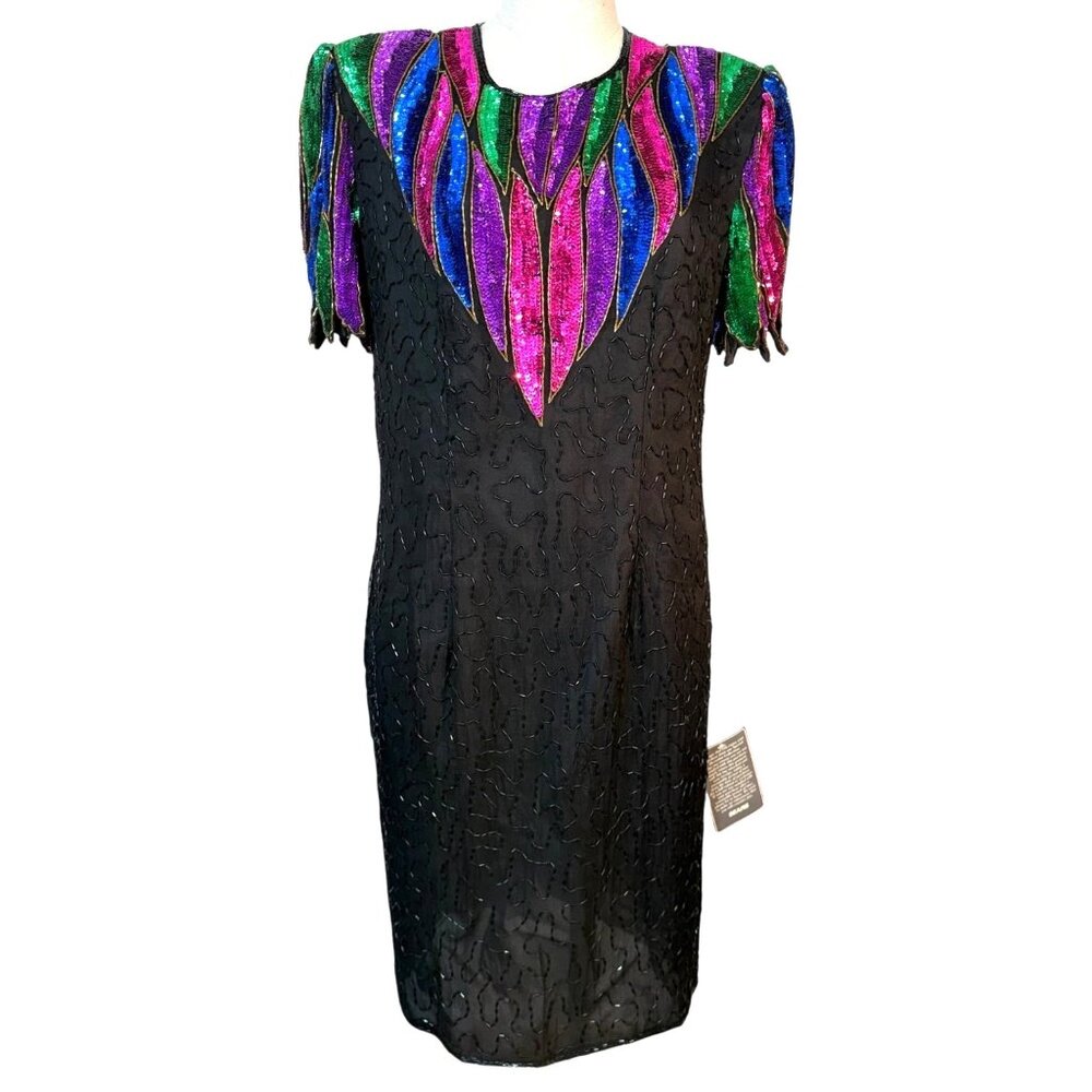 VTG Women’s Stenay Evening Dress Black With Sequins Beads Size Large Formal New